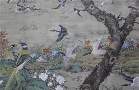 A large Chinese painting on silk in the hundred bird design, 20th century, 54 x 124cm excl. brocade covered frame